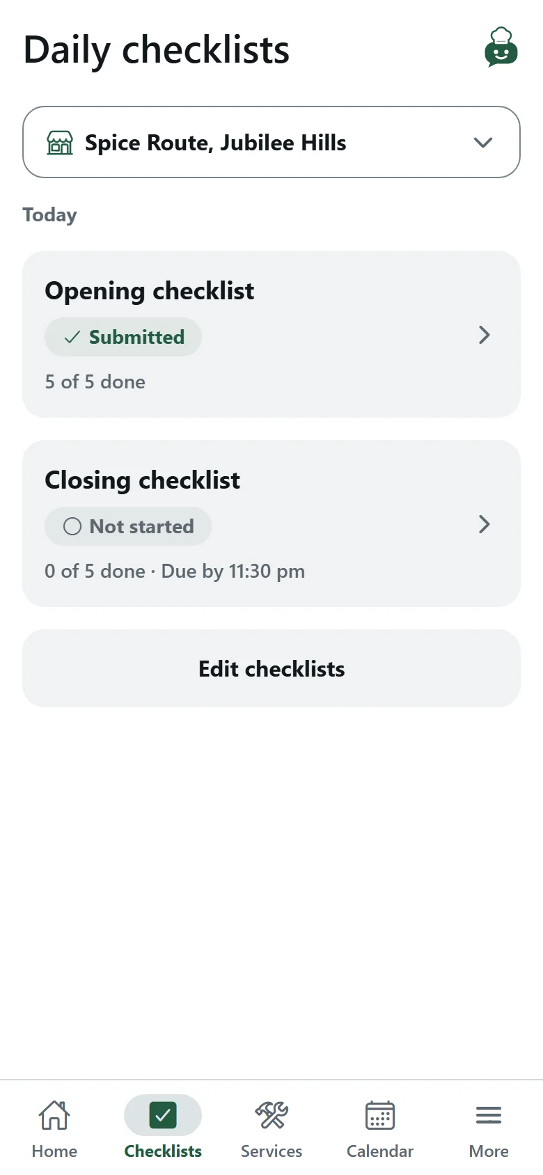 Today's checklists: the opening checklist submitted, five of five done.