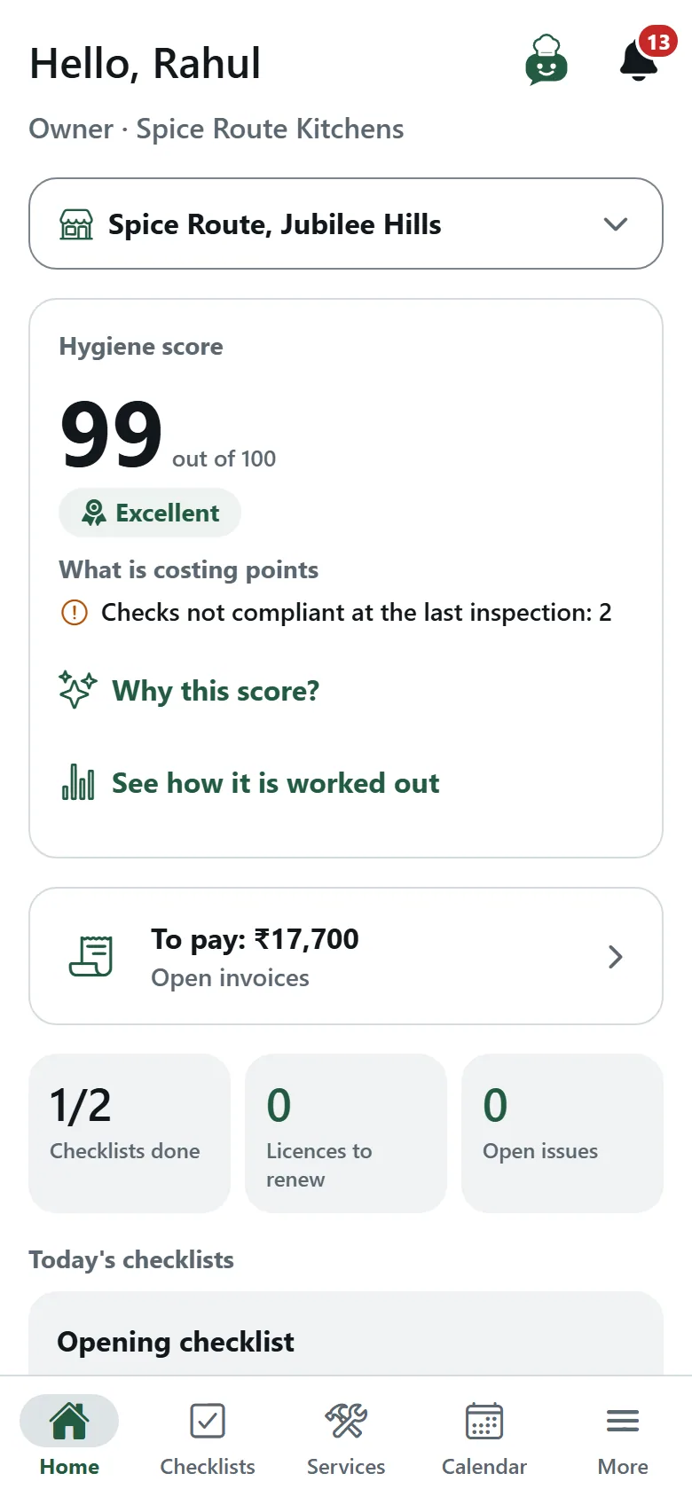 The ECCS app's home screen: hygiene score 84 out of 100, Good, with what is costing points.