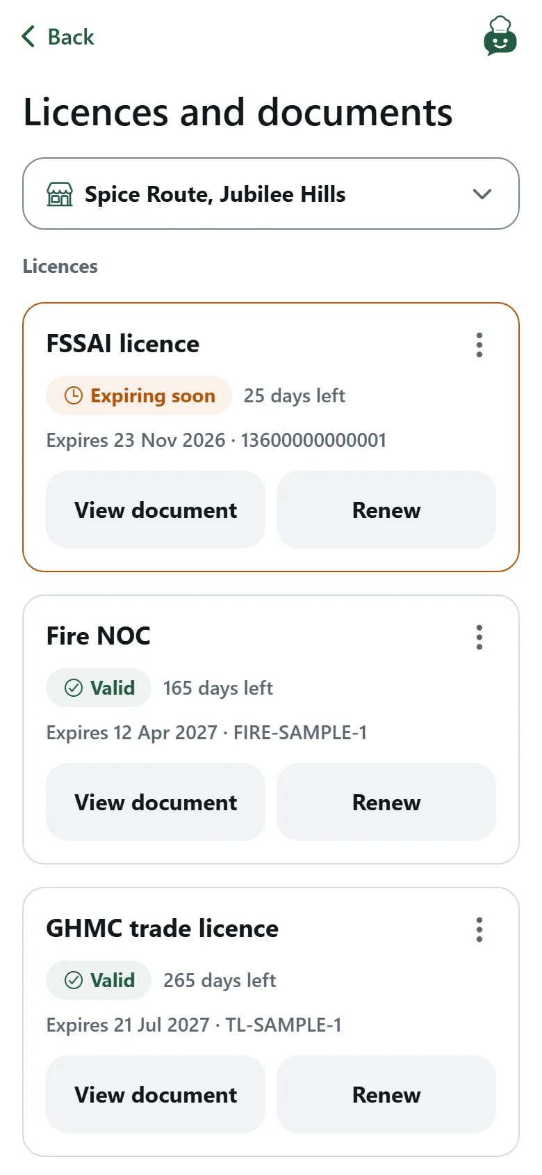 The licences screen: the FSSAI licence expiring soon with 25 days left, the Fire NOC and the trade licence valid.