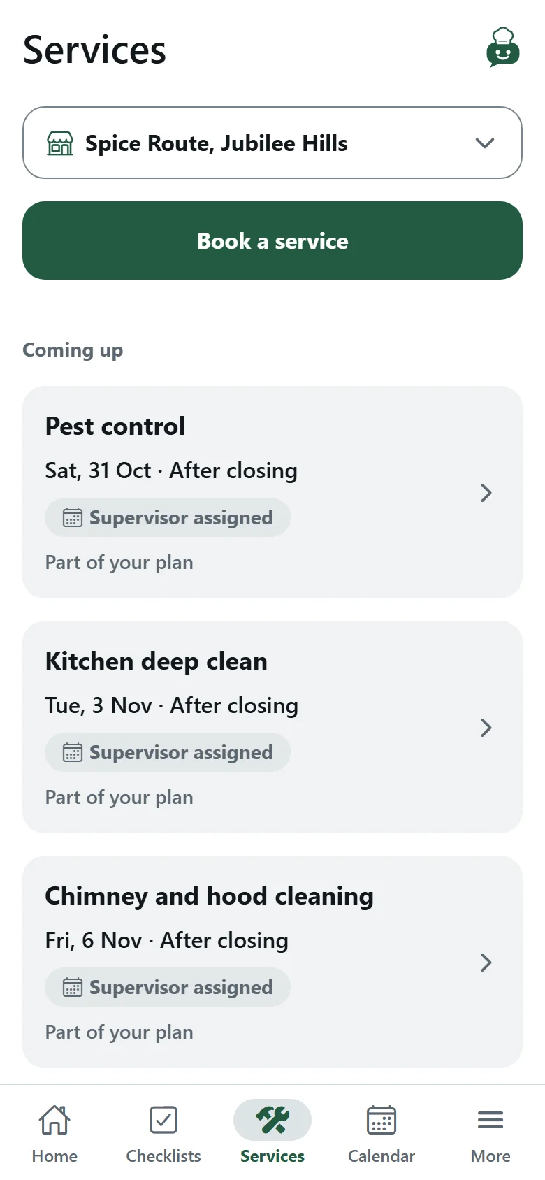 The services screen: pest control, a deep clean and chimney cleaning coming up after closing.